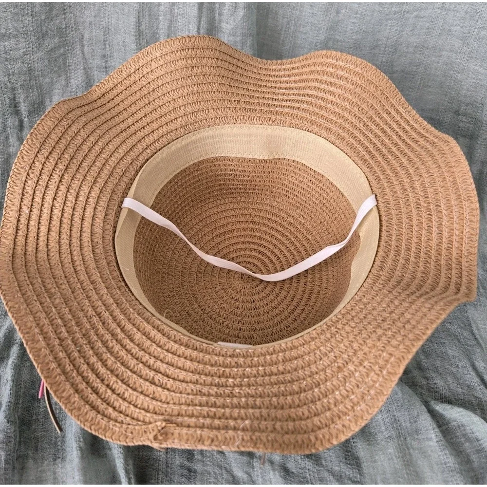 Girl's Tan Straw Floppy Brim Sun Hat Easter Spring Light Airy Chin Strap‎